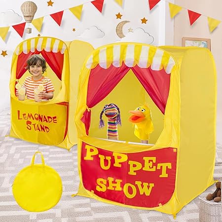 Alvantor Pop Up Puppet Show Theater & Lemonade Stand, Pretend Playhouse Kids Play Tent, Puppet Stage Tabletop Sets for Toddlers Curtain Fordable, Indoor & Outdoor Children Drama 29"X29"X43"H, 1 pc
