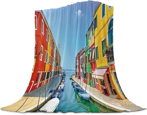 Manta para sofá Burano Venecia Italia paisaje edificio colorido manta de franela de forro polar suave y cálida manta mullida y acogedora para cama
