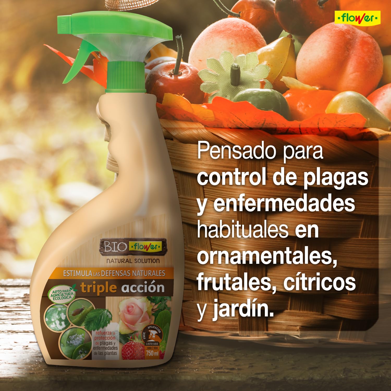 BioFlower - Triple Acción Ecológico 750 ml | Insecticida, Fungicida y Secante | Boro y Extractos Vegetales Biodegradables | Apto Agricultura Ecológica | Listo Para Usar