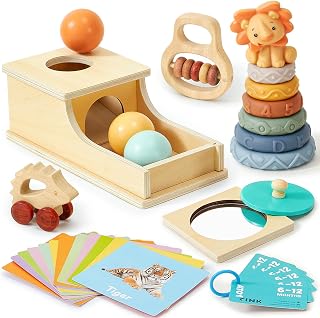 Atoylink Montessori Babyspielzeug ab 6 Monate Sensorik Spielzeug mit Objektpermanenz Box & Stapelbecher & Rassel & Kontrastkarten Motorikspielzeug Holzspielzeug Geschenk Baby 1 Jahre