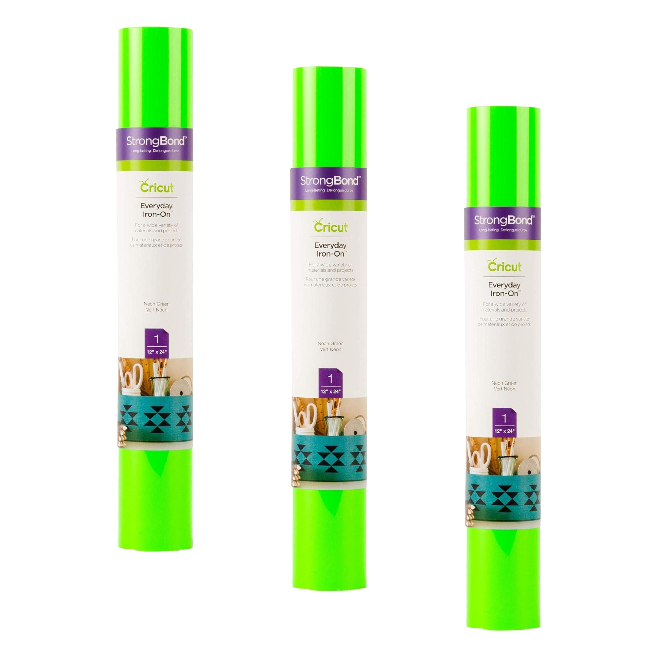 Cricut Everyday Iron On - Neon Green, 3-Pack of 2ft Rolls (12"x24"), 6ft Total - HTV Heat Transfer Vinyl for Shirts, Apparel, Hats &amp; More - Compatible with Maker &amp; Explore Machines