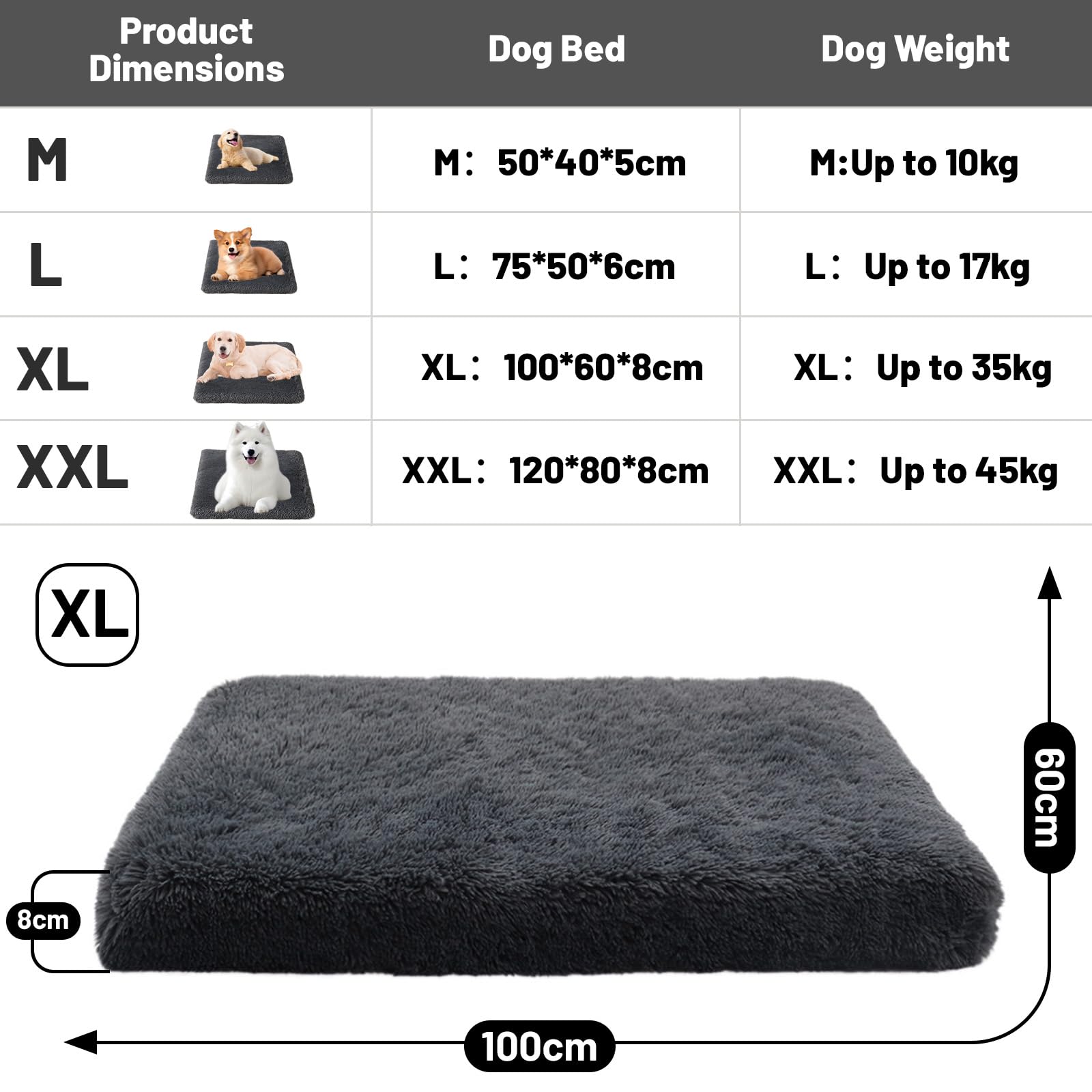 Panier Chien Grande Taille, 100x60x8cm, Tapis Chien, Rembourrage Moelleux, Lit pour Animaux, Coussin Lavable, Tissu Peluche Doux, Base antidérapante, Gris Foncé