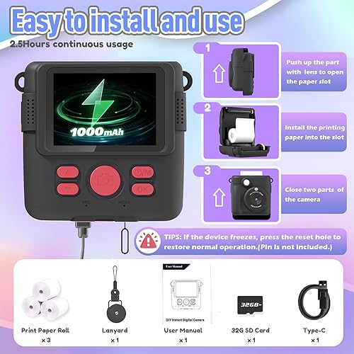Miniatura 6 de Cámara de impresión instantánea para niños, regalos de cumpleaños de Navidad para niños de 3 a 12 años, cámara digital selfie con videos de 1080P,
