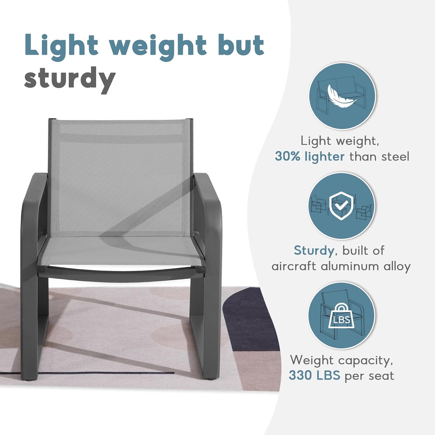 Aluminum Outdoor Patio Conversation Set, 4 Pieces Patio Furniture Sets with Breathable Textilene with Loveseat,Table and Chairs for Yard,Balcony,Grey