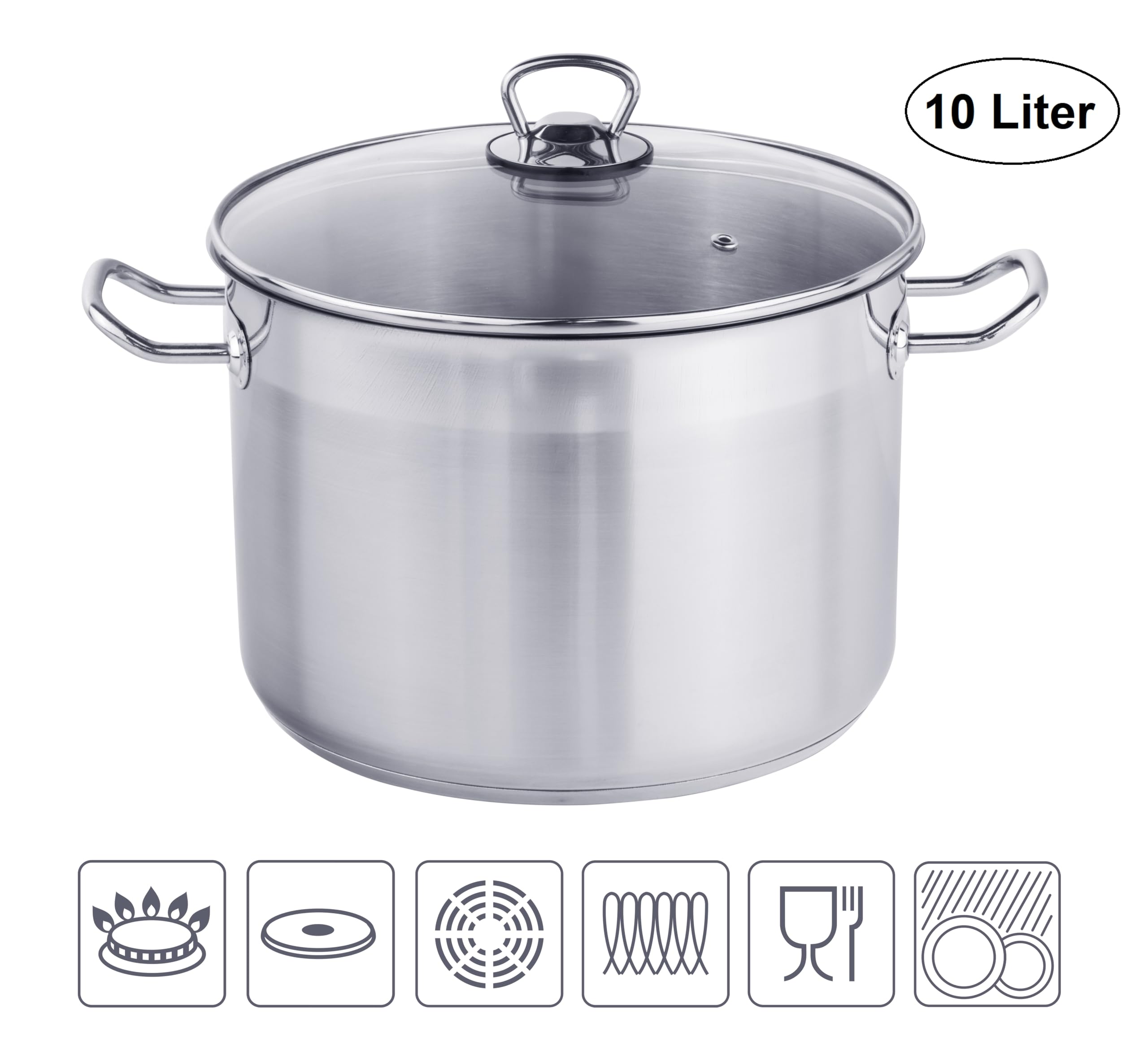 XL Profi Universalkochtopf Suppentopf Jumbotopf Ø 26x18cm, 10 Liter, ca. 2 kg, Silber - für alle Herdarten auch Induktion inkl. Glasdeckel