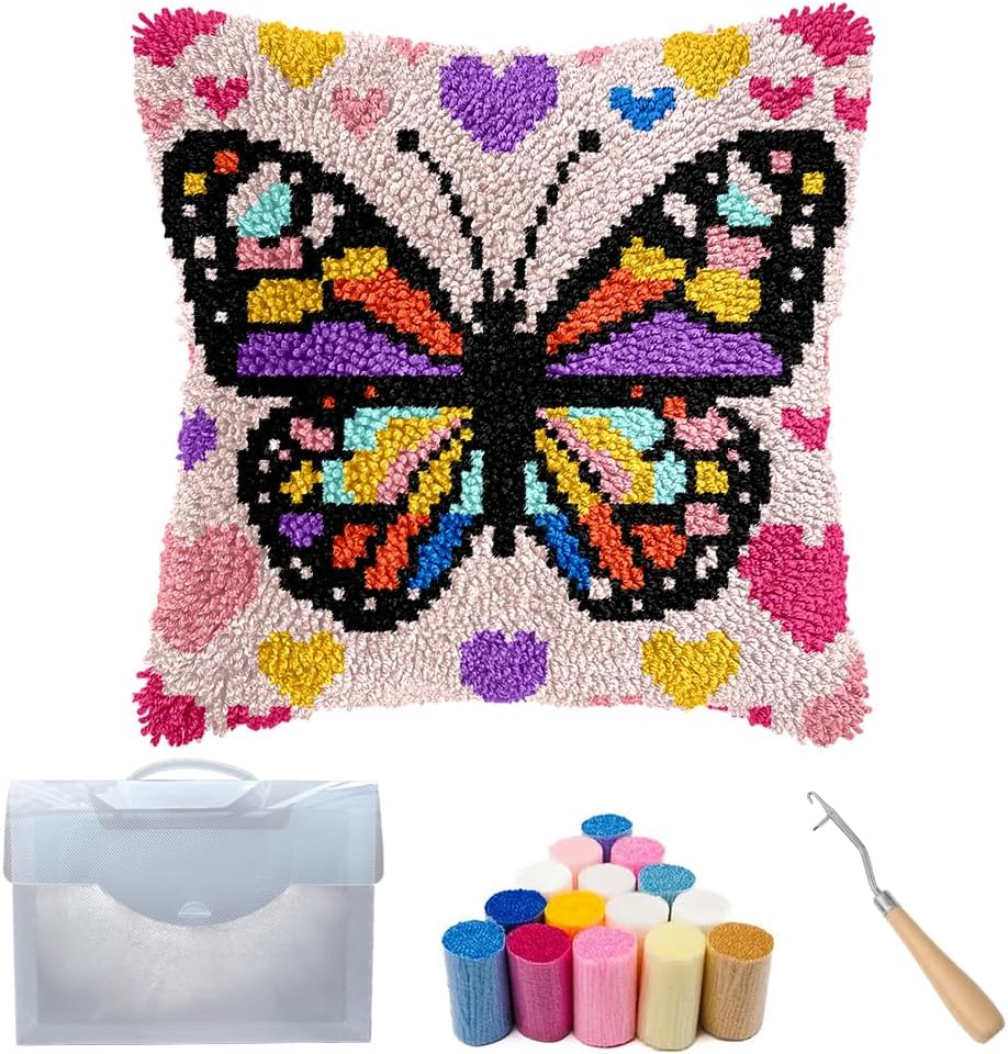 Cozykeke Butterfly Latch Hook Kit for Adults Beginners,DIY Latch Hook Pillow Kits with Pre-Printed Canvas, Embroidery Cushion for Home Decor and Festival Gift 17 * 17in (BX1071)