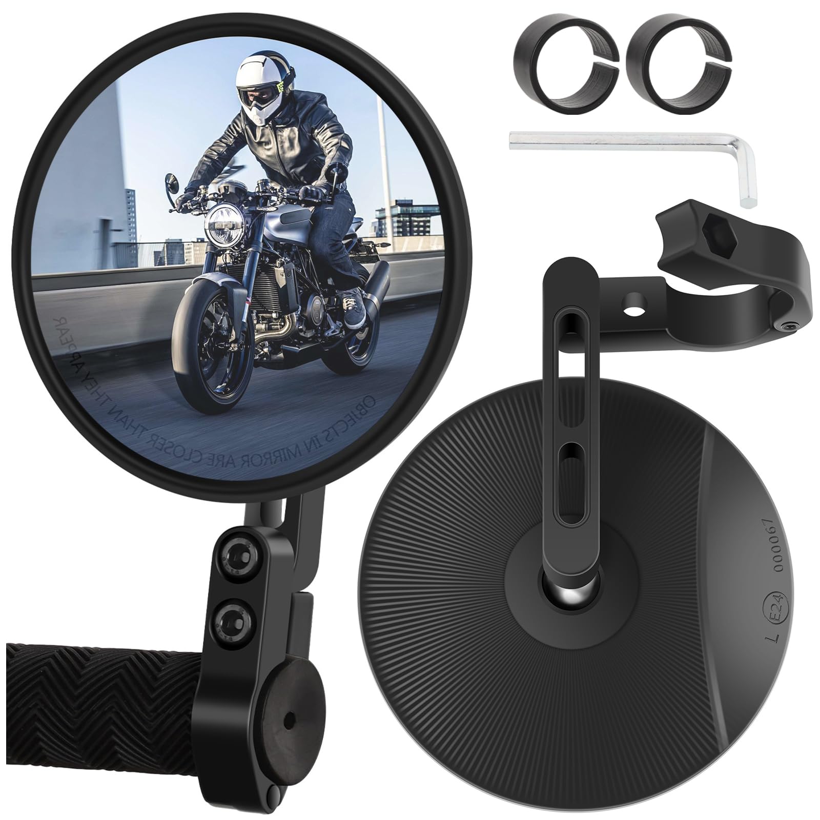 Rétroviseur Moto Lot de 2, CNC Retro Moto avec E-Mark Homologué, Retroviseur Velo Rotatifs à 360°, Retroviseur Embout de Guidon pour Moto, Scooter, ATV, Ebike, Velo