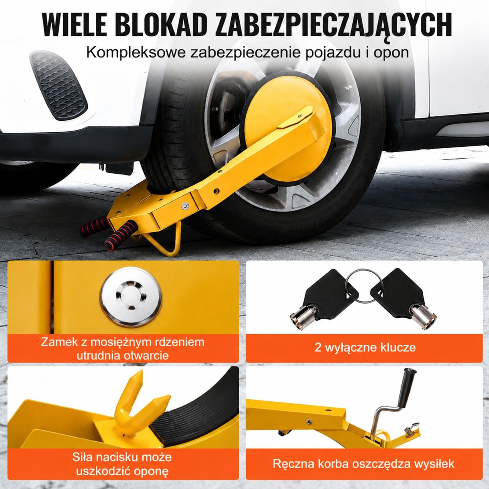 Blokada kola 1 sztuka zolta do samochodu ciezarowki SUV kampera przyczepy lodzi z przyssawka i kluczami