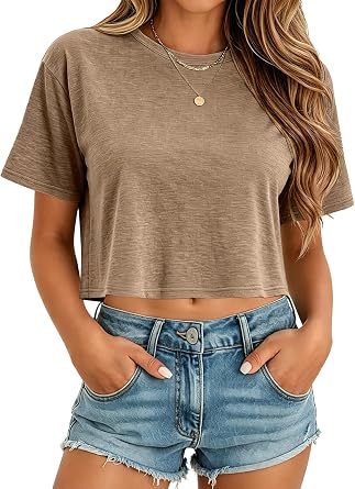 KEEPSHOWING Womens Crop Top Shirts Short Sleeve Crew Neck Loose Fit Cropped Tee for Summer Casual