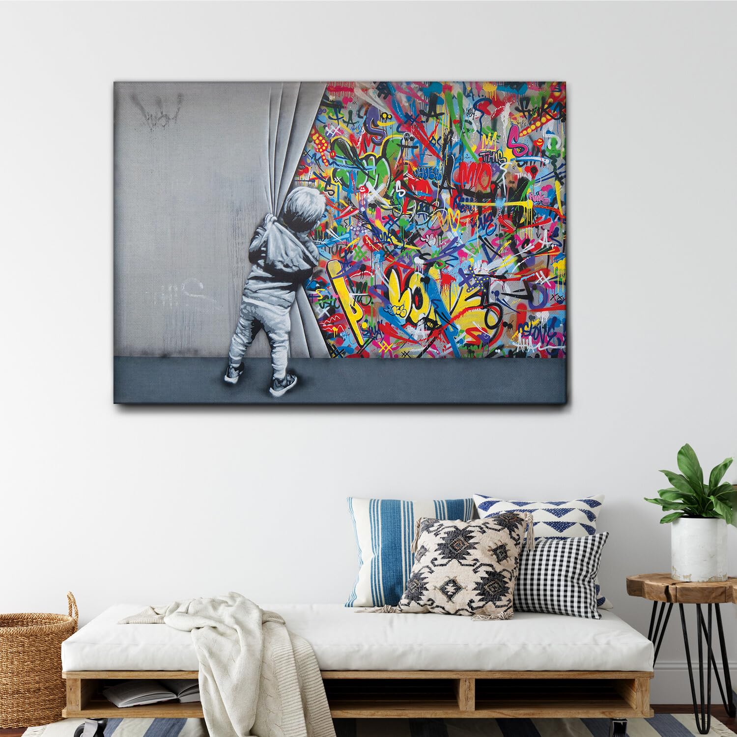 Giallobus - Quadro - Banksy - Bambino apre il sipario - Tela Canvas Telaio Standard - 140x100 - Pronto da appendere - Quadri moderni per la casa