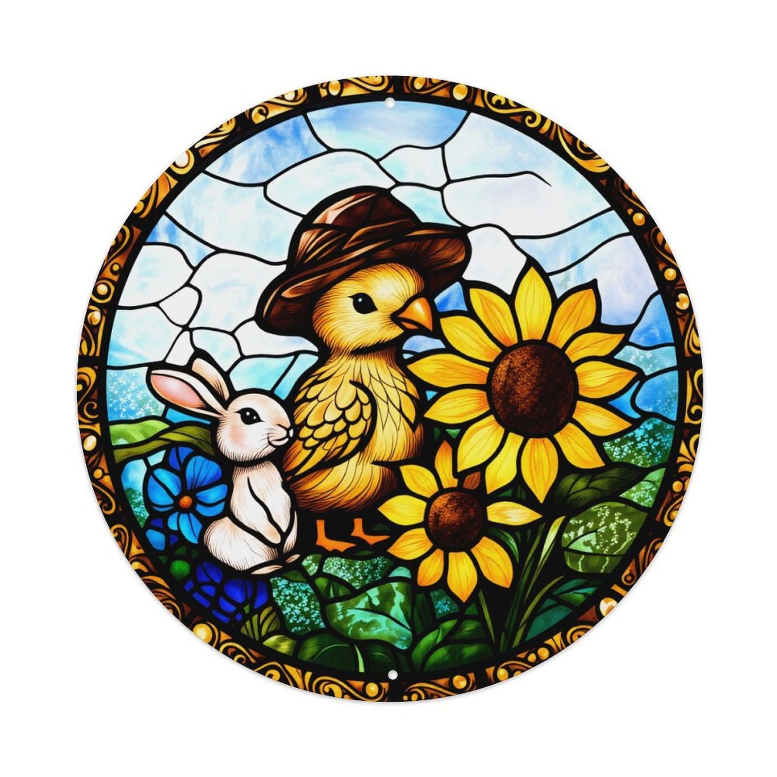 Stained Glass Chick Rabbit Sunflower Garden Round Tin Sign Vintage Metal Poster Retro Bar, Home, Man Cave, Kitchen, Laundry Room Wall Art Decor Gift 8x8Inch