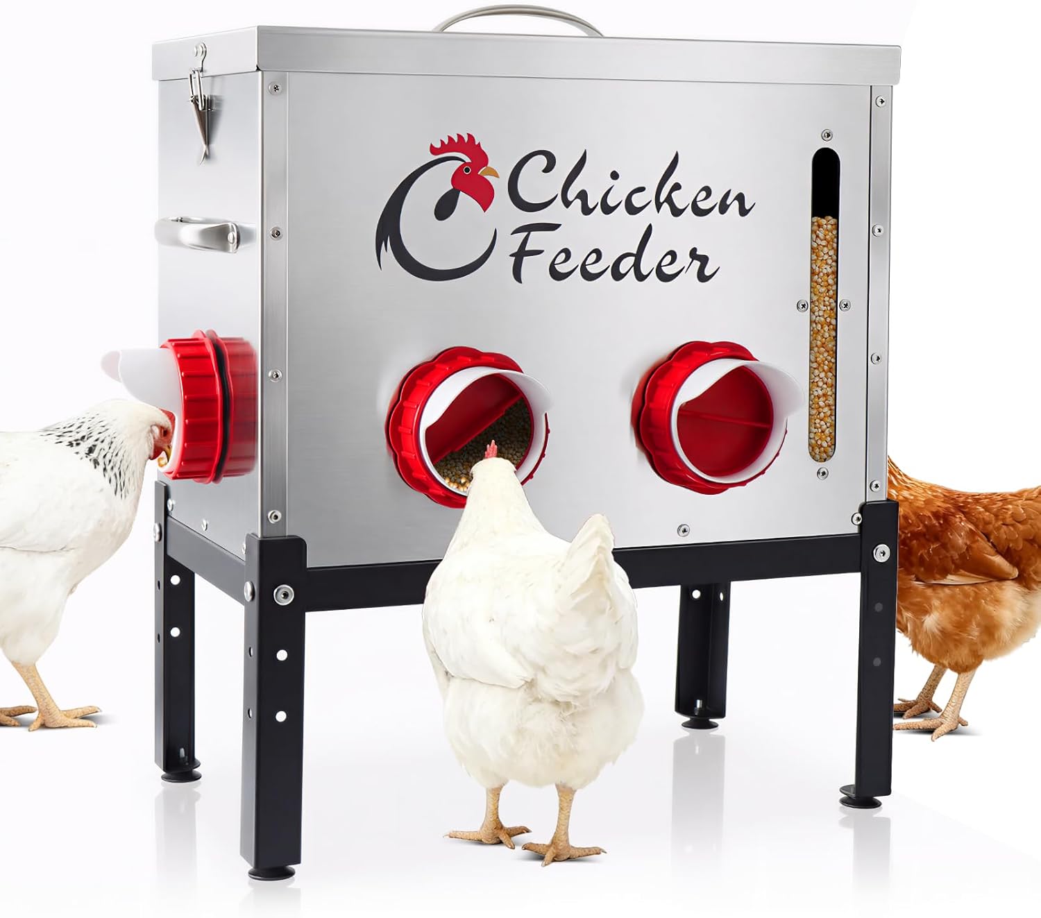 40LB Metal Chicken Feeder, Rat Proof Automatic Chicken Feeder with Visible Window & 6 Ports, Galvanized No Waste Poultry Feeder for Chickens, Ducks, Geese