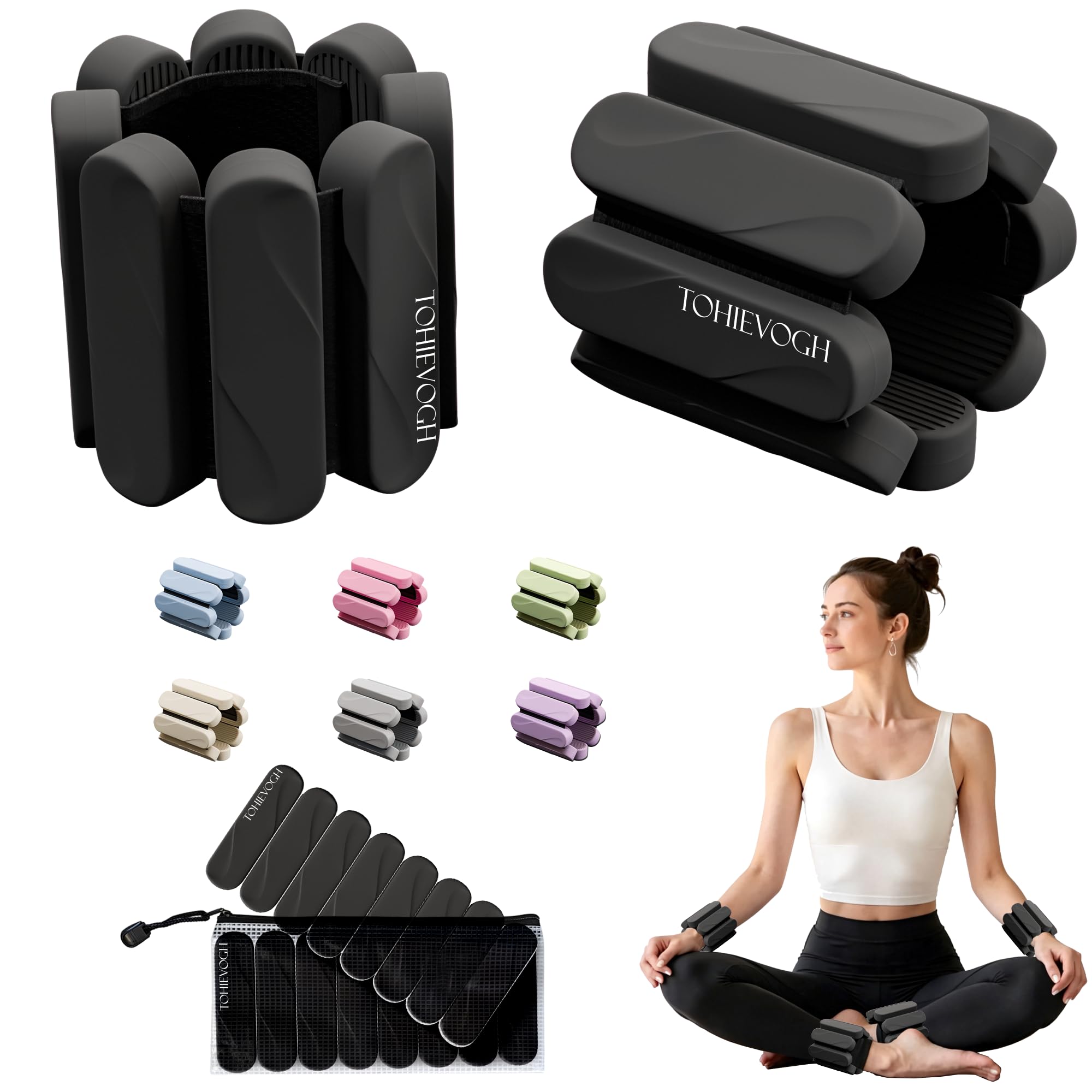 TohieVogh Wrist & Ankle Weights for Women Men Black Set of 2 (1lb Each), Arm Weights w/Removable Silicone Module, Leg Weights Adjustable Ankle Wrist Weights for Yoga Pilates Barre Exercise Running