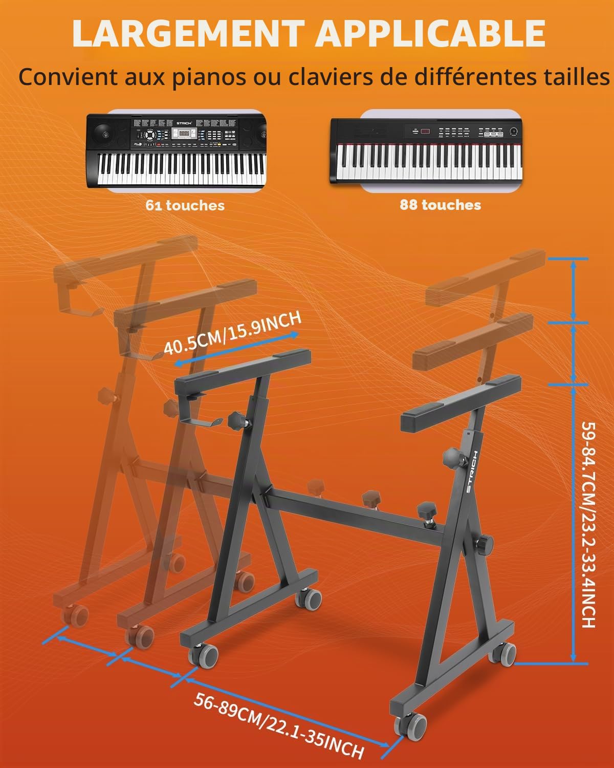 STRICH Support de clavier de piano - Support de musique portable réglable pour enfants et adultes - Convient pour pianos électriques 54, 61, 88 touches, support de clavier de musique stable (style Z)