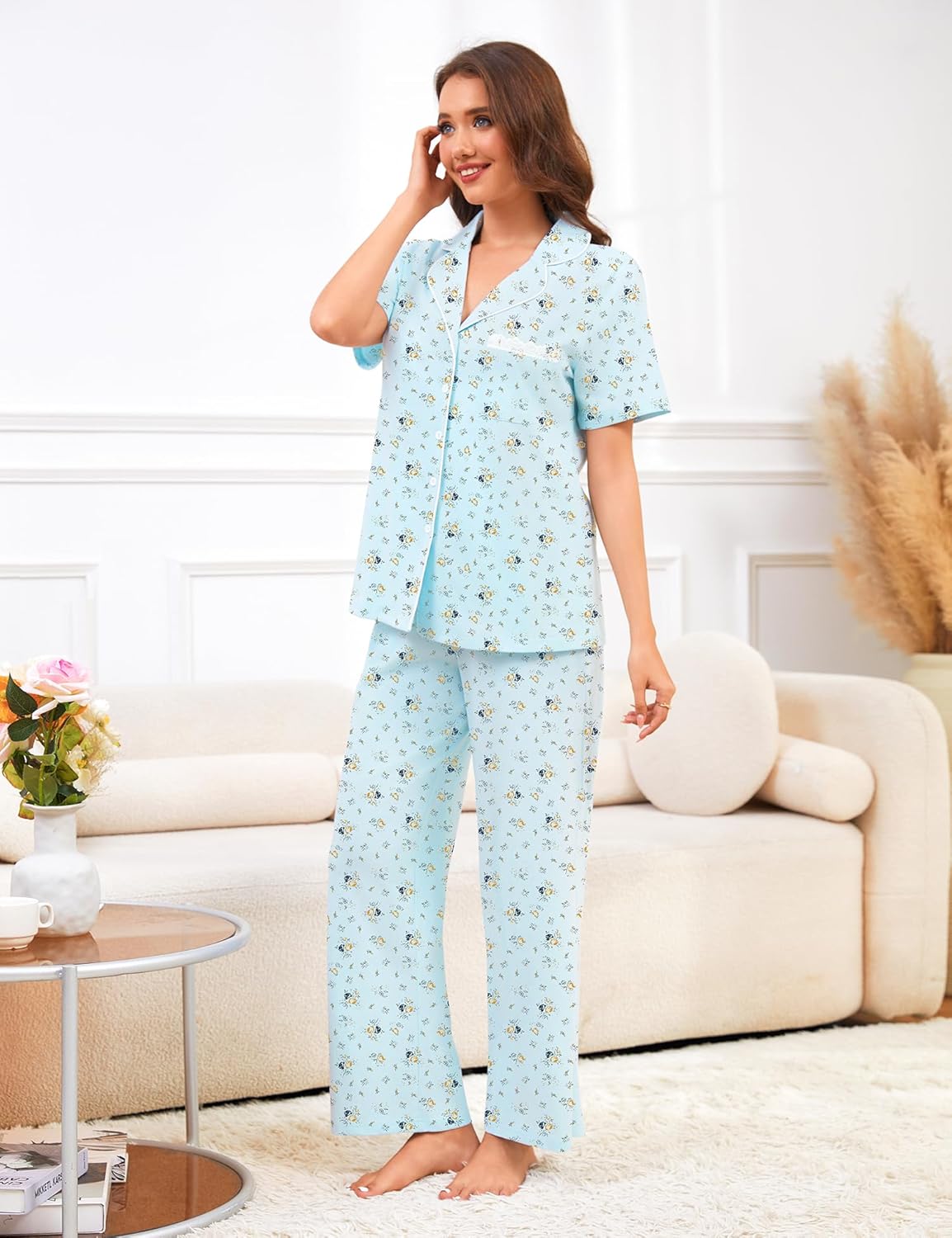 Bloggerlove 100% Cotton Pajamas for Women Set 2 Piece Short Sleeve Women's Sleepwear Button Down Lounge Sets with Pockets
