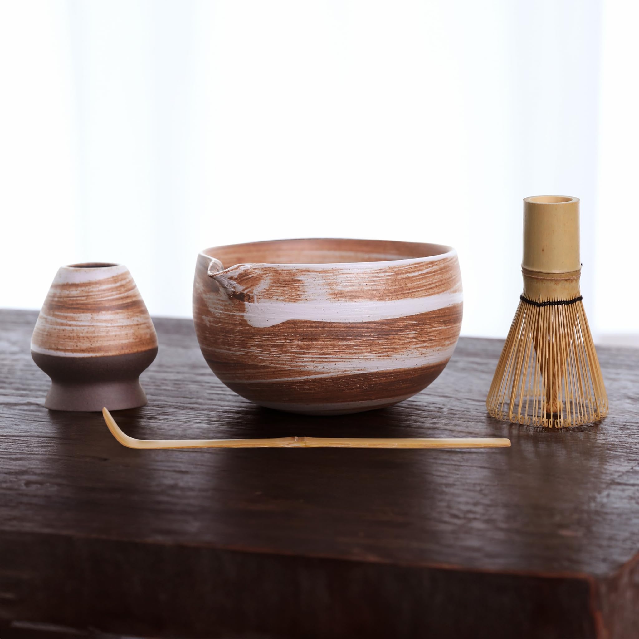 Bamboo Matcha Whisk Set – Handcrafted Ceramic Bowl with Whisk, Pouring Spout and Holder– Handmade Matcha Kit for a Perfect Matcha Japanese Tea Ceremony for Tea Lovers