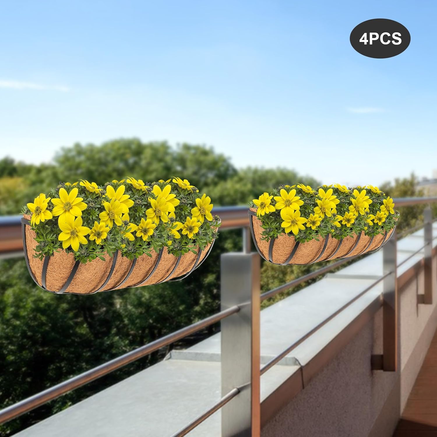 4 Pack 24" Window Planter Box with Coconut Liner, 22.04 Lbs Capacity Adjustable Width 3.74-4.72in Railing Planter Box Hanging Window Planter Balcony Planters for Outdoor Fence Porch Patio Lawn