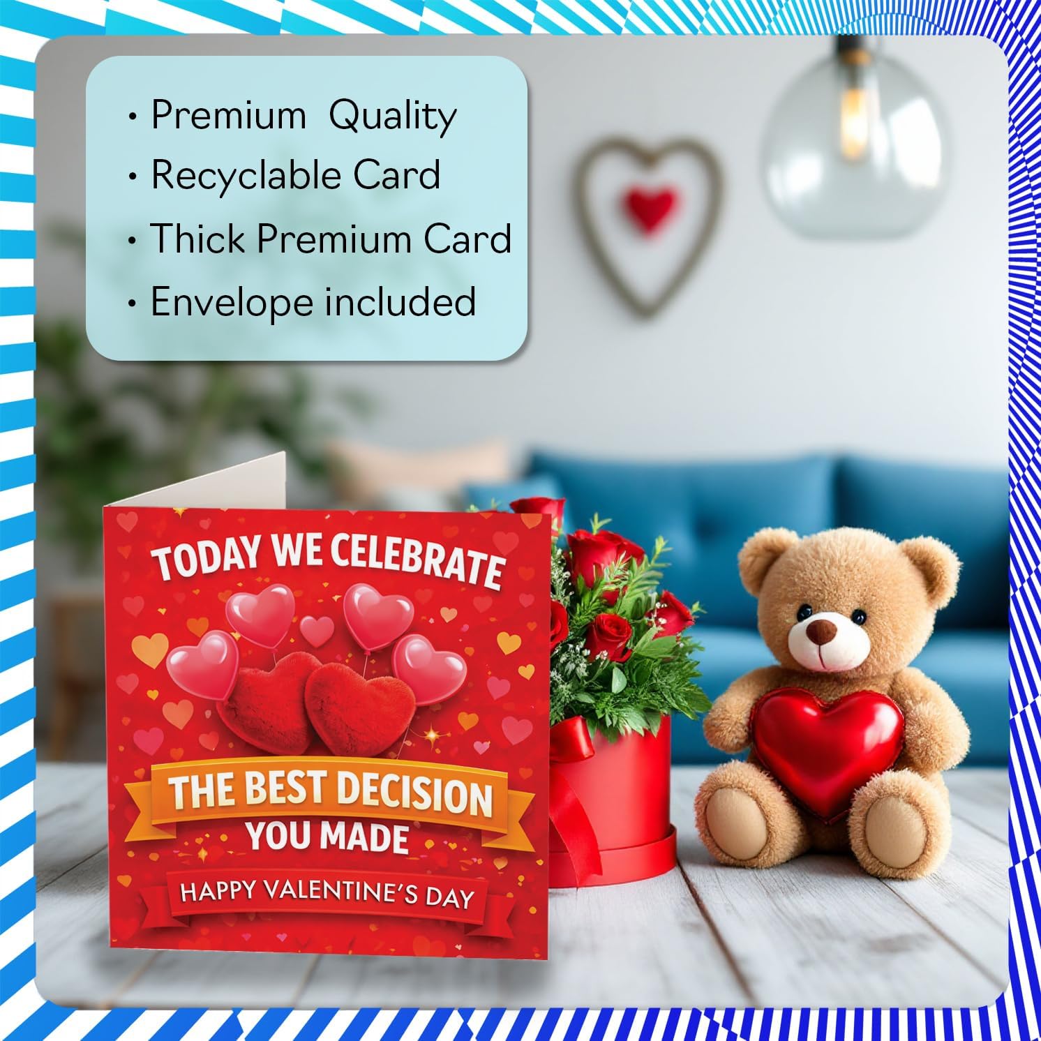 Stuff4 Playful Valentine's Day Card - Let's Toast Your Top Choice - Vibrant Hearts and Balloons in Bold Reds and Pinks - A Cheeky Nod to Winning at Love - 5.7 Inch Square, Envelope Included