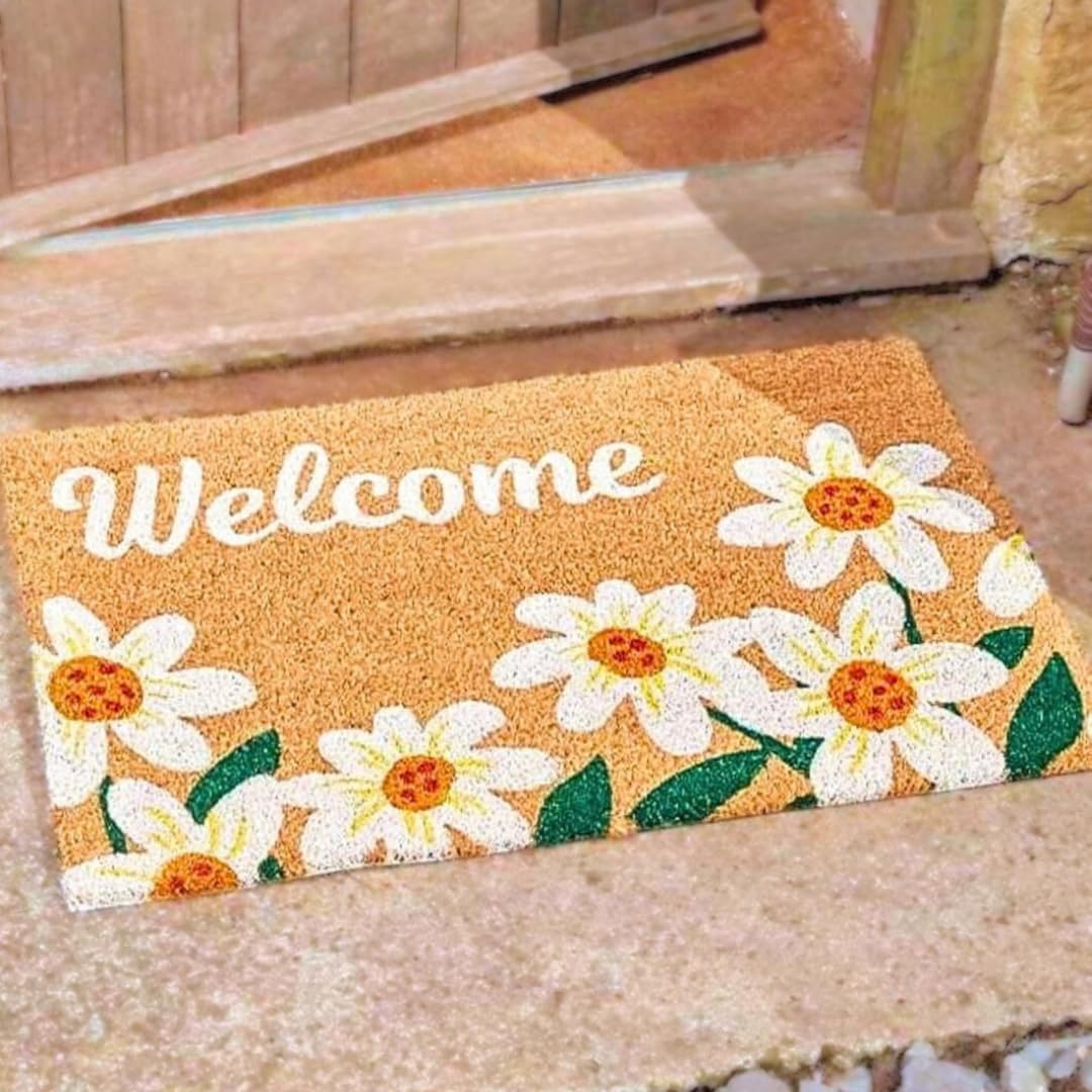 Garden Mile Large Welcome Coir Door Mat, Heavy Duty Non Slip Dirt Trapper Entrance Rug, Absorbent Outdoor & Indoor Door Mat, Weatherproof Coco Coir Floral Welcome Design Doormat for Front Porch