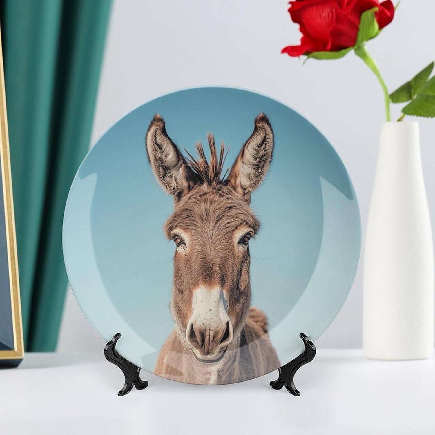 Real Image of Donkey Ceramic Plate 10inch Decorative Bone China Wall Hanging Ornament Plates Bohemian Style Dinner Plate with Display Stand Cabinet Display Plates for Home Art Decor