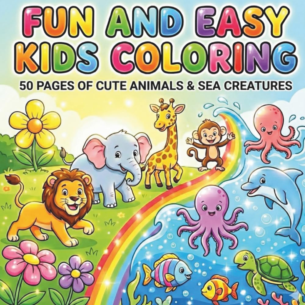 Fun and Easy Kids Coloring: 50 Pages of Cute Animals & Sea Creatures (Children's Coloring Books)