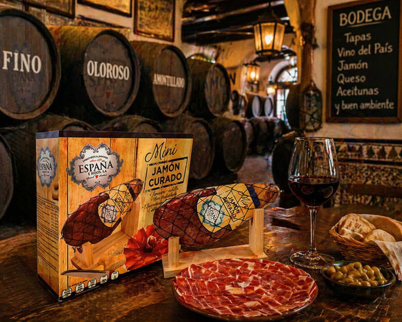 Mini Jamón Curado y Deshuesado 1ª Calidad con Jamonero. 1 Kg.