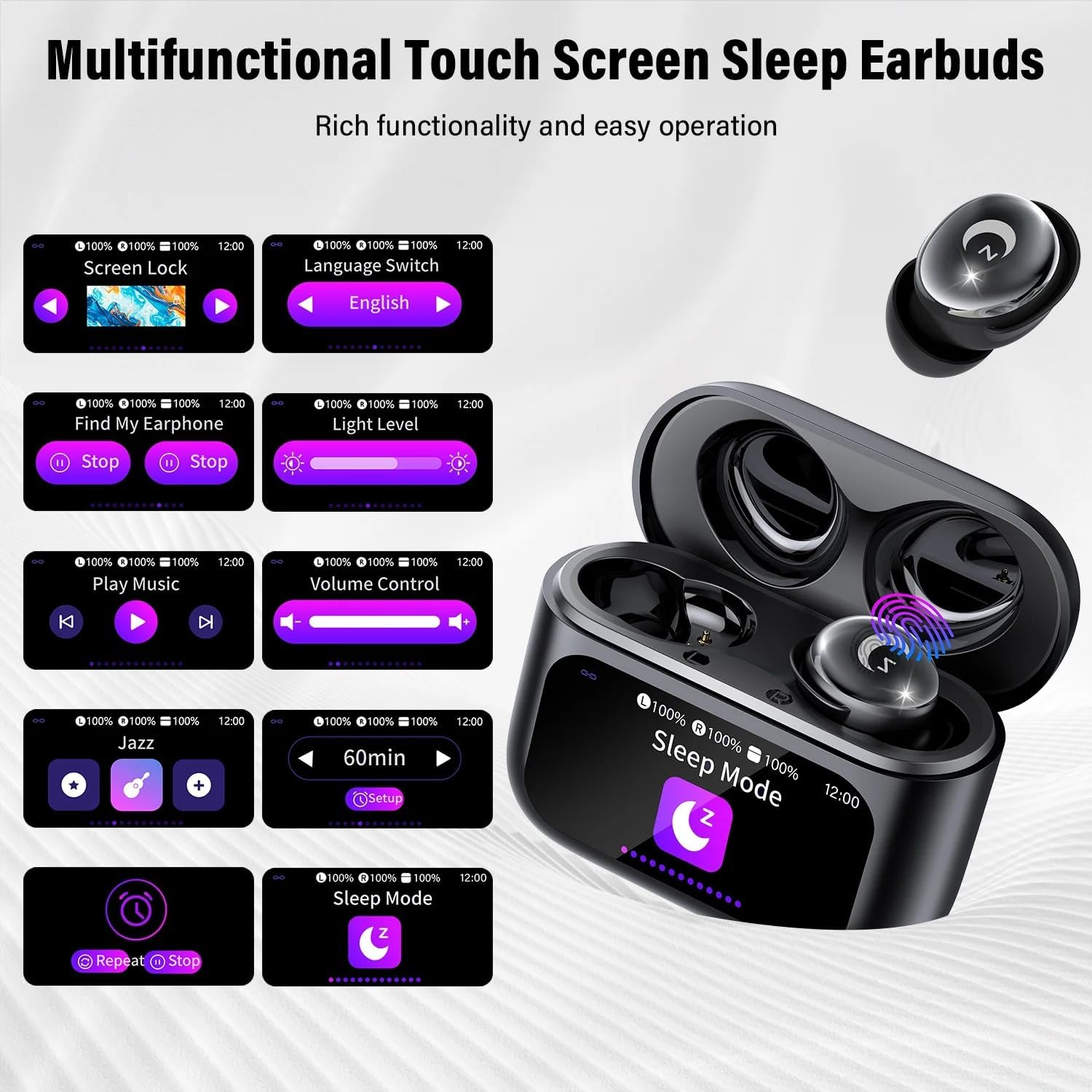 Sleep Earbuds Bluetooth 5.4 in Ear Smart Touch Screen Headphones, 48H Noise Cancelling Ear Buds with 5 EQ Modes, Mini Wireless Headphones Small Design for Side Sleepers, Clear Calls Earphones, IPX7