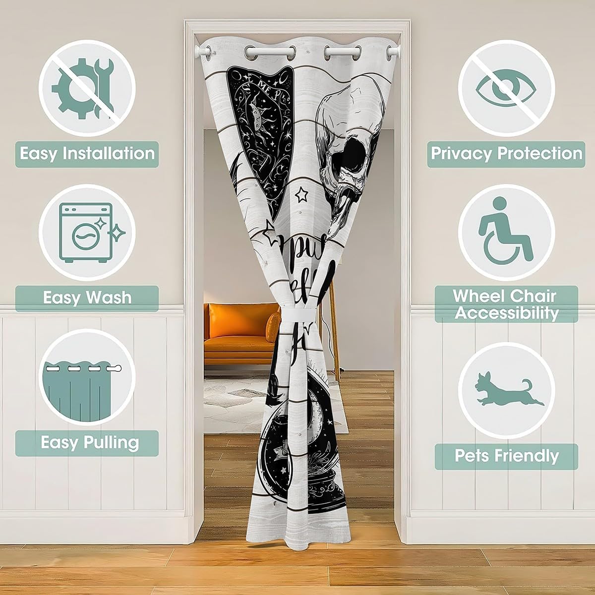 Bohemia Magical Hand Door Curtain for Doorways Privacy Gothic Skull Cat Doorway Curtain Exotic Star Moon Blackout Curtain Farmhouse Wooden Board Door Drape, 60" W X 80" L