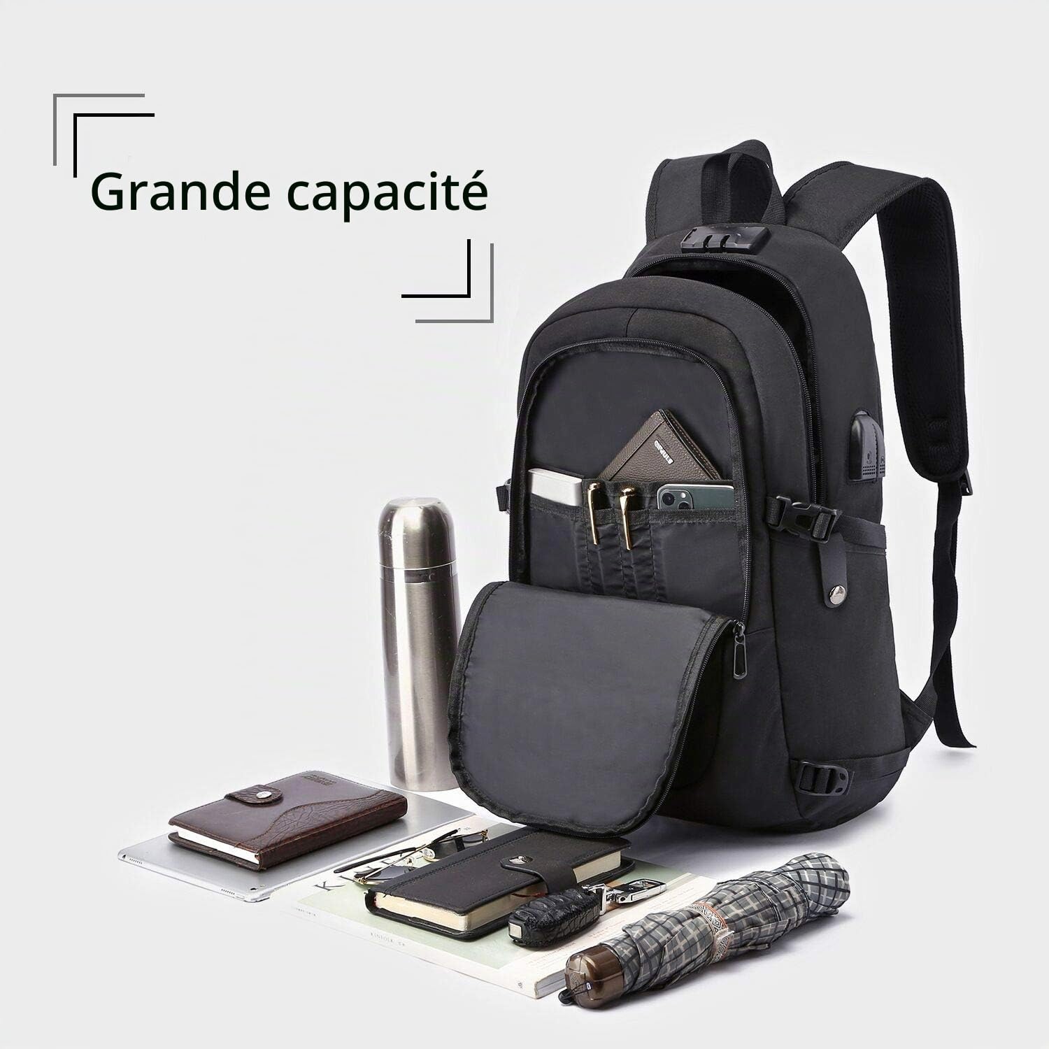Antivol Sac à Dos Ordinateur Portable 15.6 Pouces Homme Imperméable USB Charging Port Sac à Dos D'affaires Noir