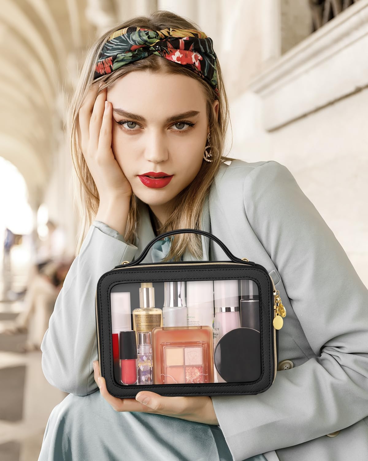 Clear Makeup Bag, Portable Travel Cosmetic Bags, Multipurpose Leather Toiletry Bag with Zipper, Waterproof Transparent Cosmetic Organizer for Women, Medium, Black - Image 2