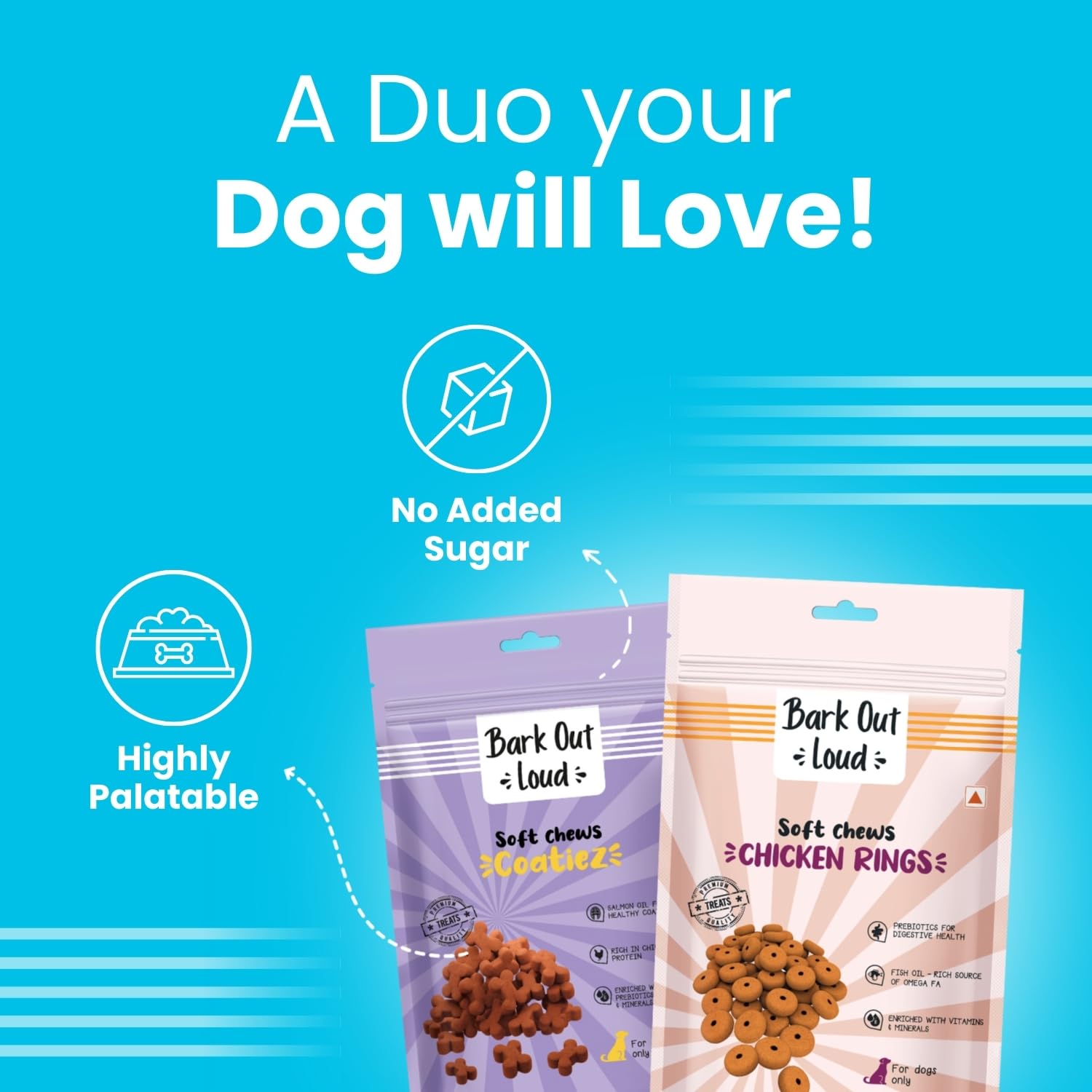 BARK OUT LOUD By Vivaldis - Dog Treats Combo Of Chicken Rings & Coatiez For Shiny Skin Coat & Intestinal Health Omega Fatty Acids, Prebiotics Of All Life Stages, Stick, Pack Of 2 1