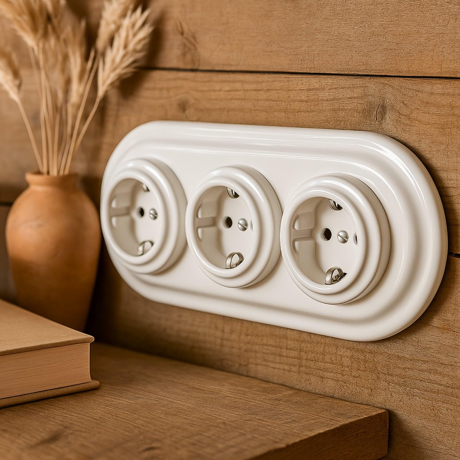 Unterputz Porzellan Retro Steckdose 3-fach, All-in-One, Serie PR1 weiß