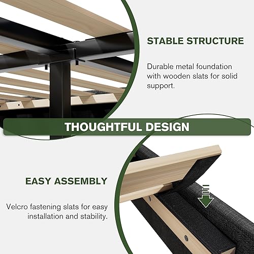 Miniatura 6 de MUTICOR Base de cama tamaño Queen con cabecera de ala, diseño cosido cuadrado, soporte de listones de madera, fácil montaje, gris oscuro Gris