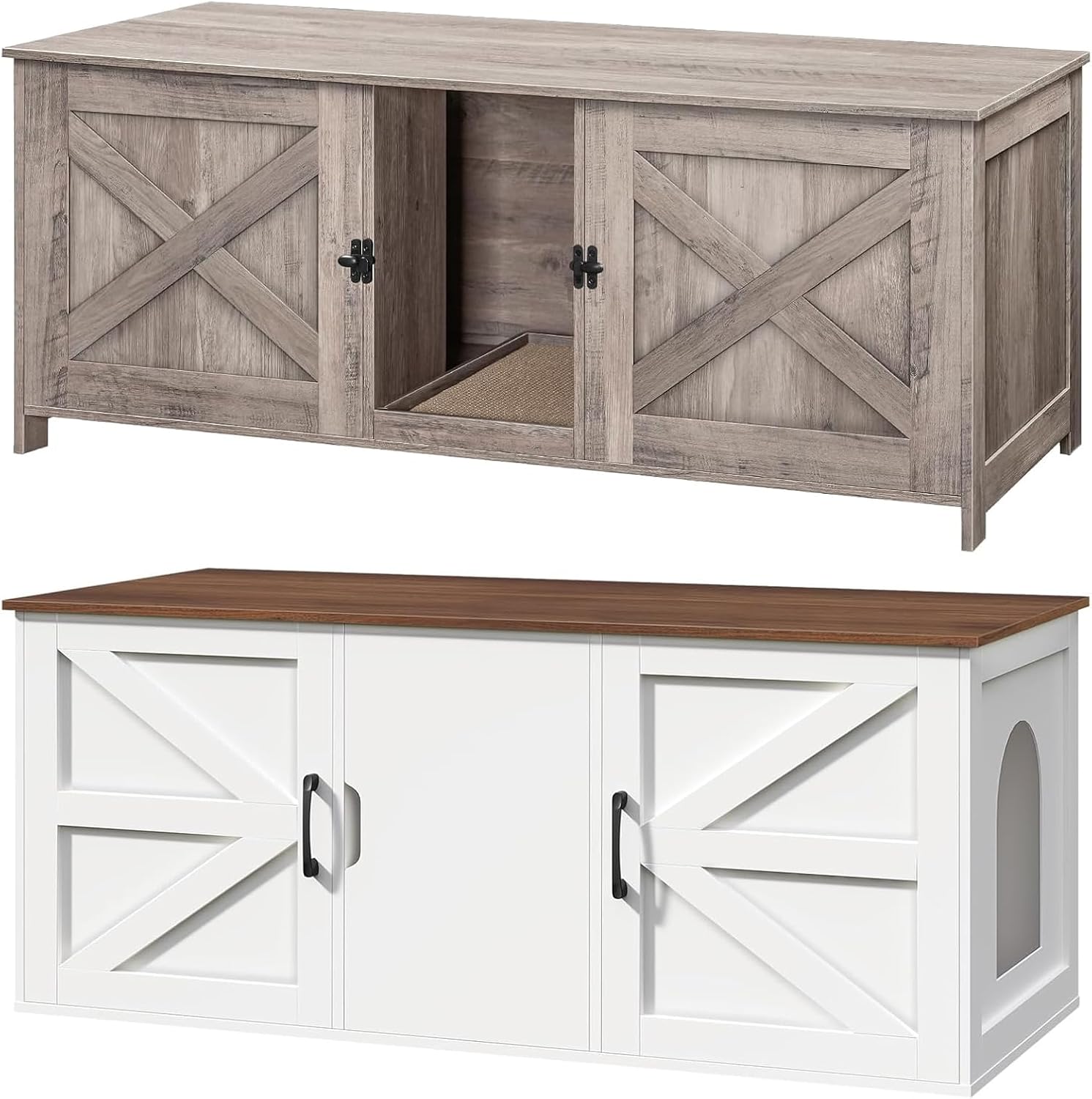 Cat Litter Box Enclosure for 2 Cats and Hidden Litter Box Furniture, Wooden Cats Washroom Furniture with Double Room, Indoor Cat House TV Stand, CWHG1201-CWZW2201