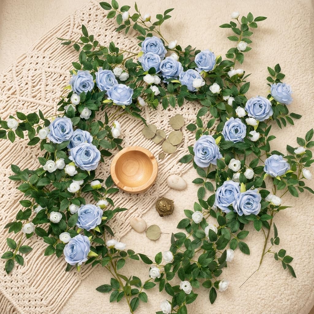 2 PCS 12FT Bendable Flower Garland, Artificial Rose Vine Hanging Floral Garland Decoration for Weding Home Room Wall Decor (Blue, 2pcs)