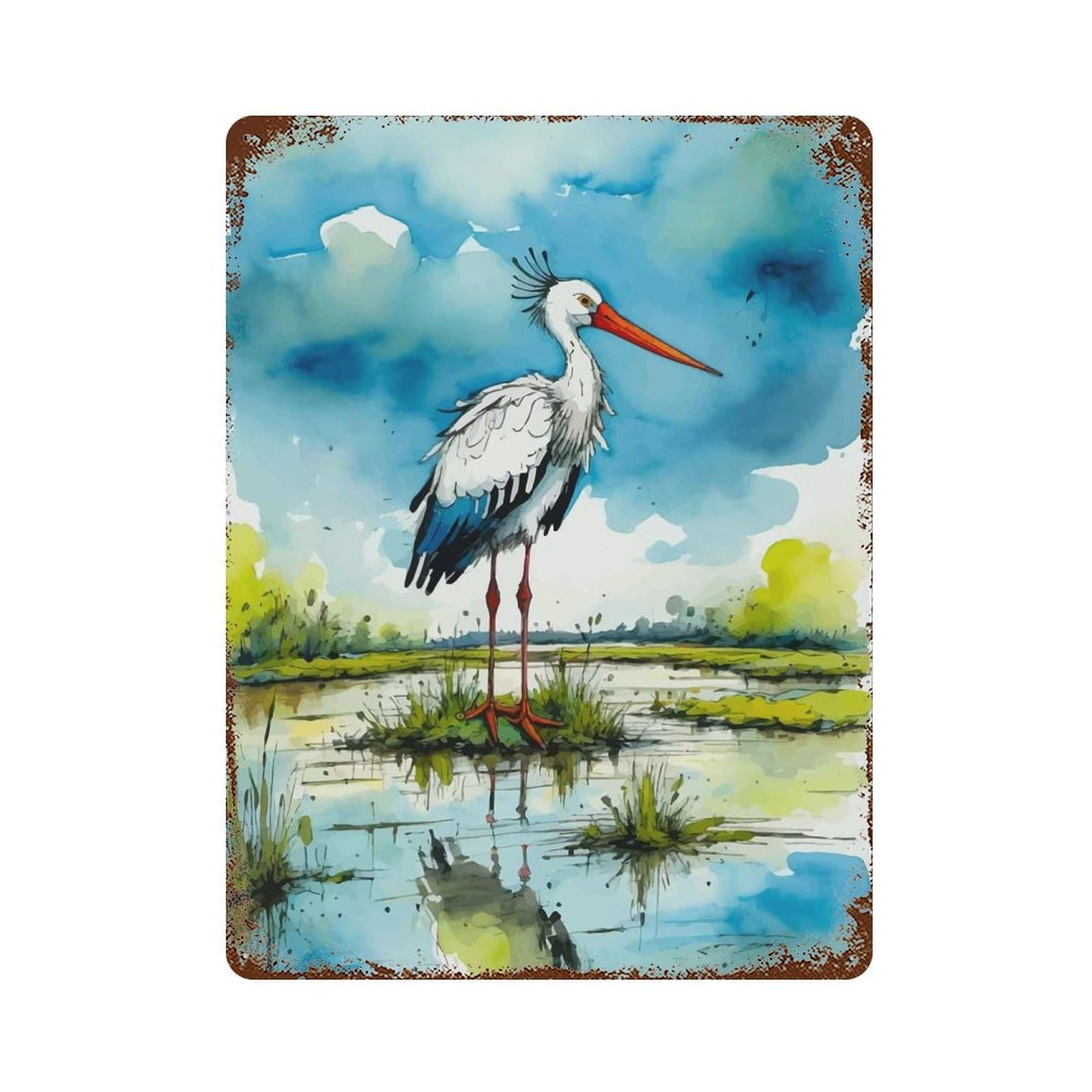 Decorative Tin Sign with Watercolor Stork Design 15.7"x11.8", for Basement, Hobby Room And Garage Decor, Rustic Home Decor