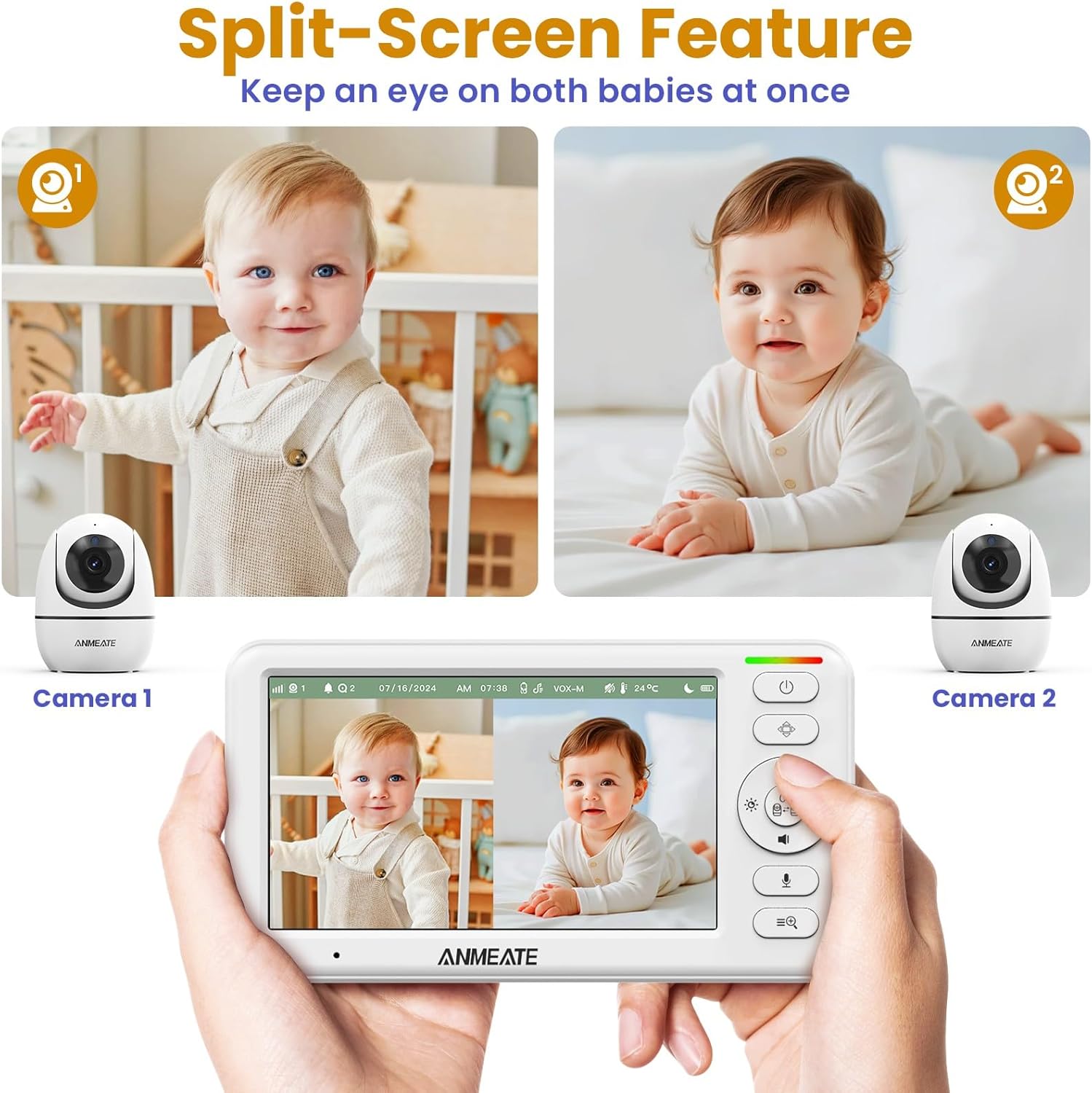 ANMEATE 5" HD Video Baby Monitor with Camera and Audio - No WiFi, 48H Battery Life,720P Remote Pan Tilt Zoom, Two-Way Talk, Night Vision, Thermal Room Monitor, Lullabies & White Noise, 1000ft Range