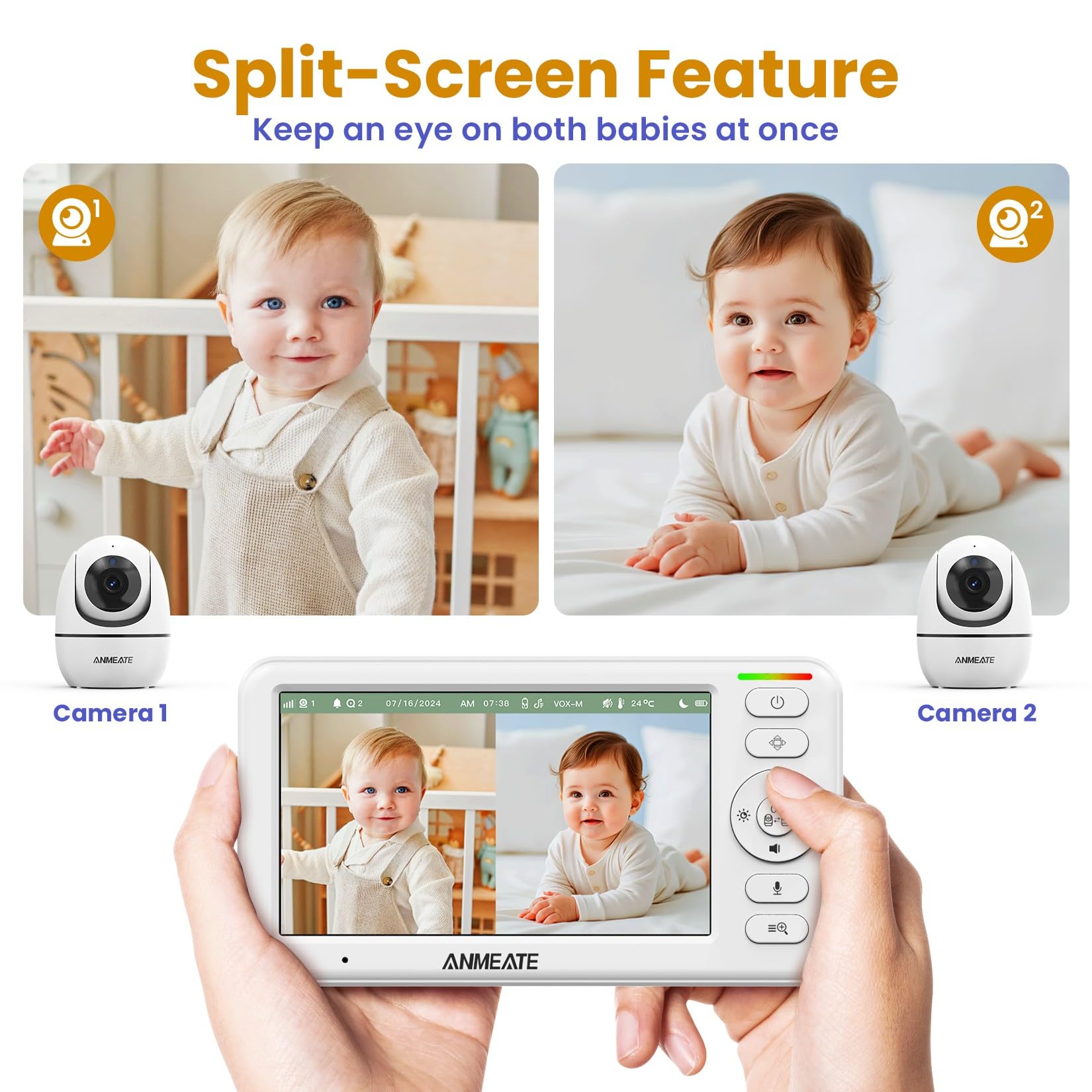 Moniteur bébé avec caméra et audio: caméra bébé 720p sans WiFi, affichage HD 5 pouces, panoramique à distance, inclinaison et zoom, 48 heures d'autonomie de la batterie, vision nocturne HD