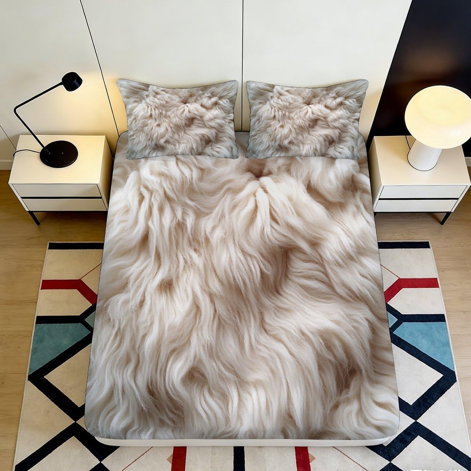 3D Printed Faux Fur Texture Fitted Sheet Microfiber Soft Beige Fluffy Pattern Mattress Cover for Bedroom Dorm Decor 90x200x25cm