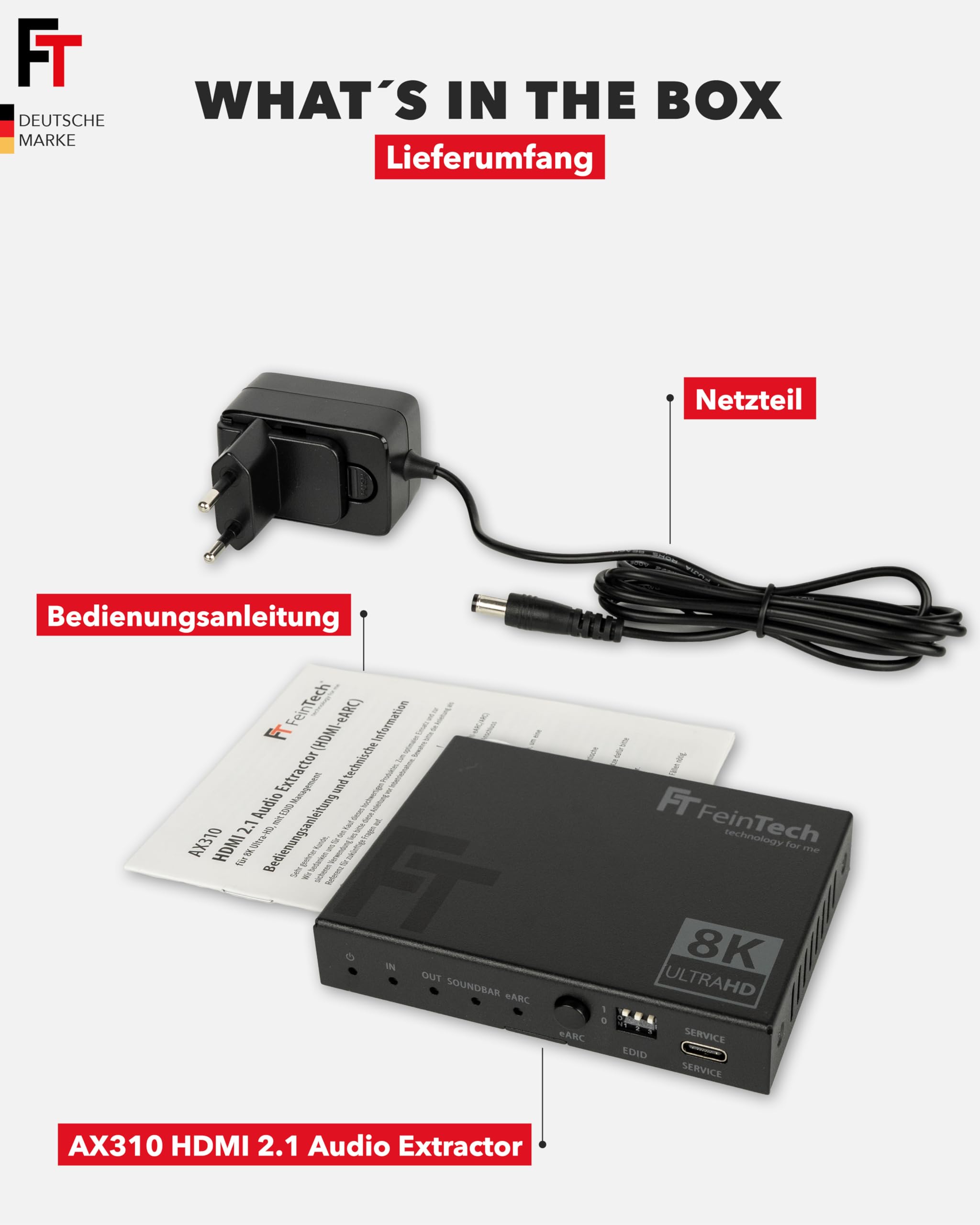 FeinTech AX310 HDMI 2.1 Audio Extractor für eARC-Soundbar - Unterstützt 8K 60Hz, 4K 120Hz, VRR, ALLM, Dolby Atmos, DTS - Audio Splitter für Soundsysteme mit eARC und ARC (1 Input)