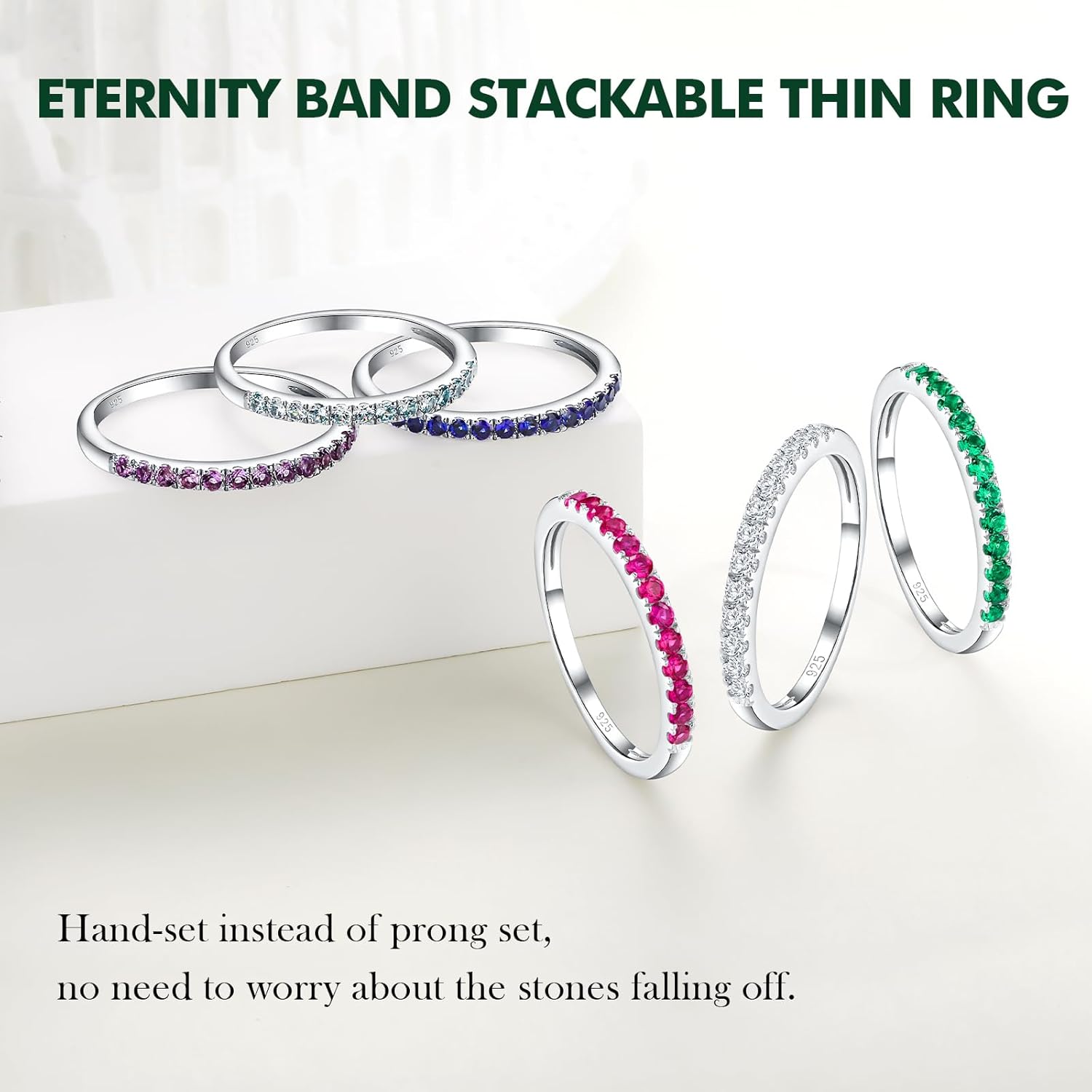 925 Sterling Silver Birthstone Rings for Women Wedding Band Created Gemstone Half Eternity Stackable Engagement Ring Anniversary Band Size 6 to 10 - Image 4