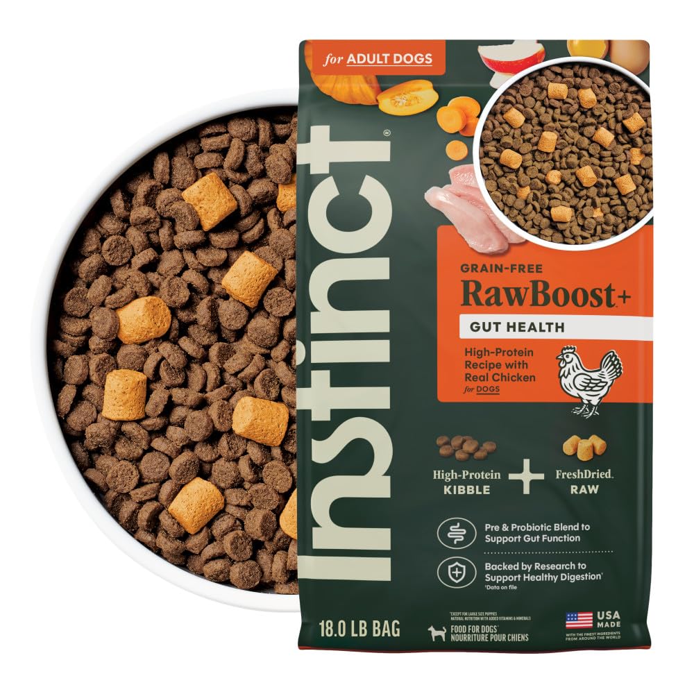 RawBoost Gut Health, Natural Dry Dog Food with FreshDried Raw Pieces, High Protein, Grain-Free Recipe - Real Chicken, 18 lb. Bag