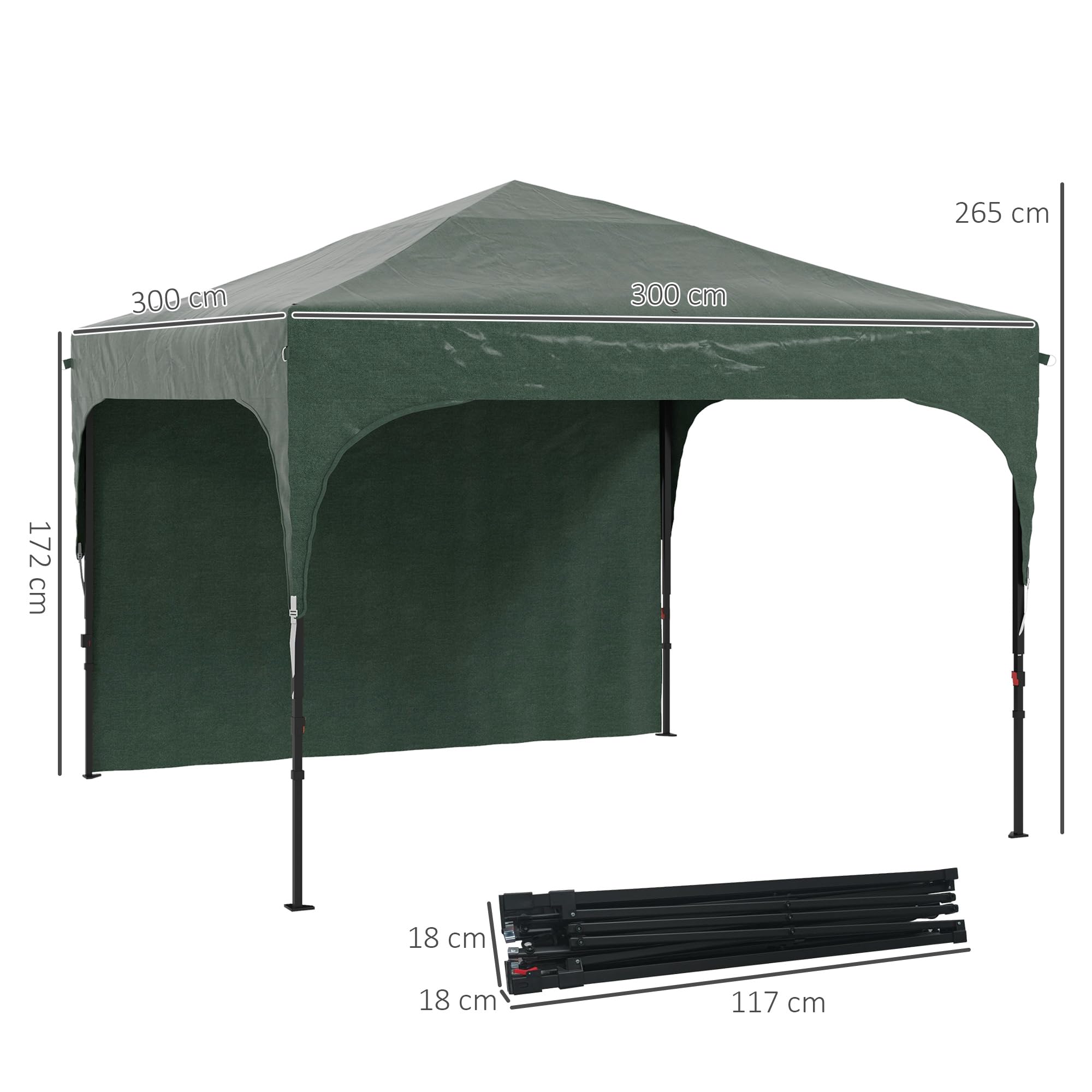 Outsunny Carpa Plegable 3x3 m Cenador de Jardín con Altura Ajustable 1 Pared Lateral Impermeable 4 Bolsas de Arena y Bolsa de Transporte Gazebo para Exterior Patio Fiestas Verde