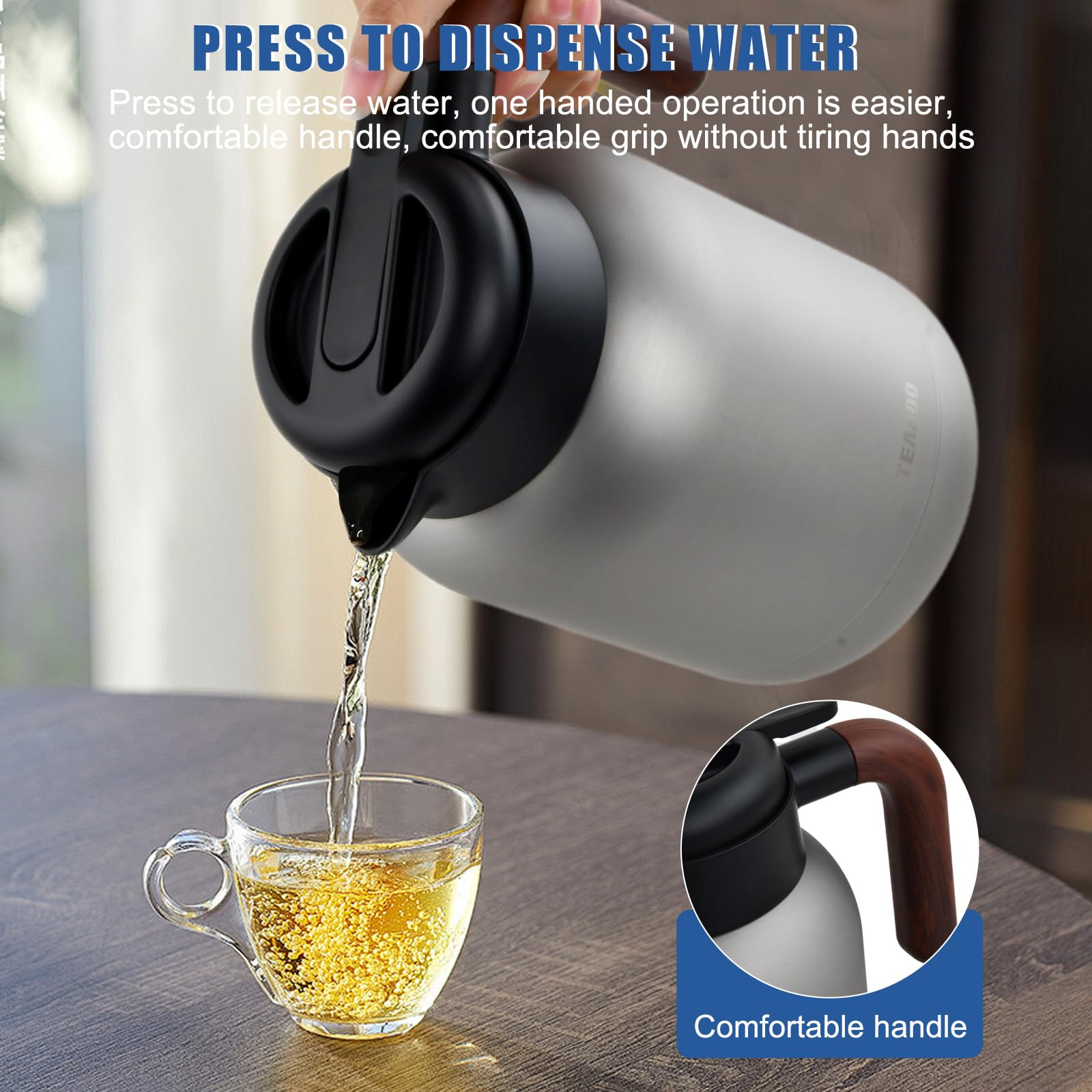 Pichet Isotherme 1,5 Litres en acier inoxydable 316, Chaud 24 h Café Théière isotherme avec passoire à thé, Hermétique, Fermeture Quick Press, Bouteille isotherme