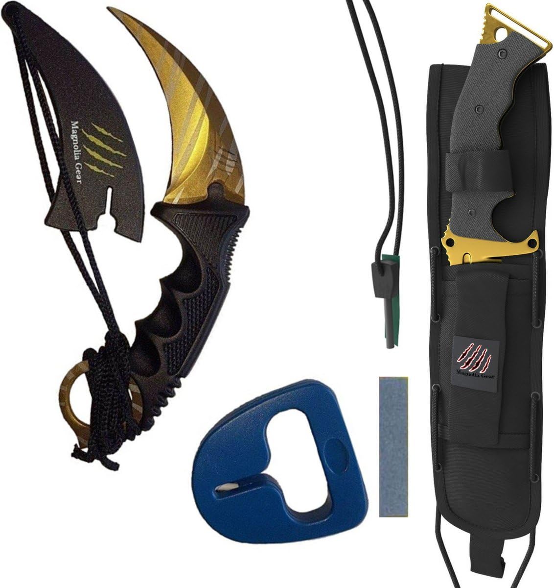 Karambit and Huntsman Knife 2 Piece Set | CSGO Skins | Karambit With Neck Knife Sheath and Sharpener | Huntsman with Whetstone and Fire Starter | Perfect Military Knife or Hunting Knife (Tiger Stripe)