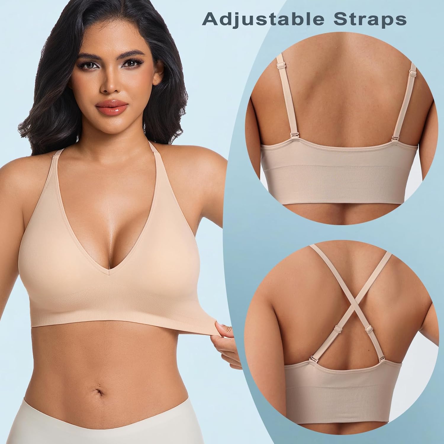 PRETTYWELL Women’s Deep V Neck Bras for Women Push up Bralettes Seamless Sexy Sports Bra Wireless Spaghetti Strap Padded Bra - Image 2