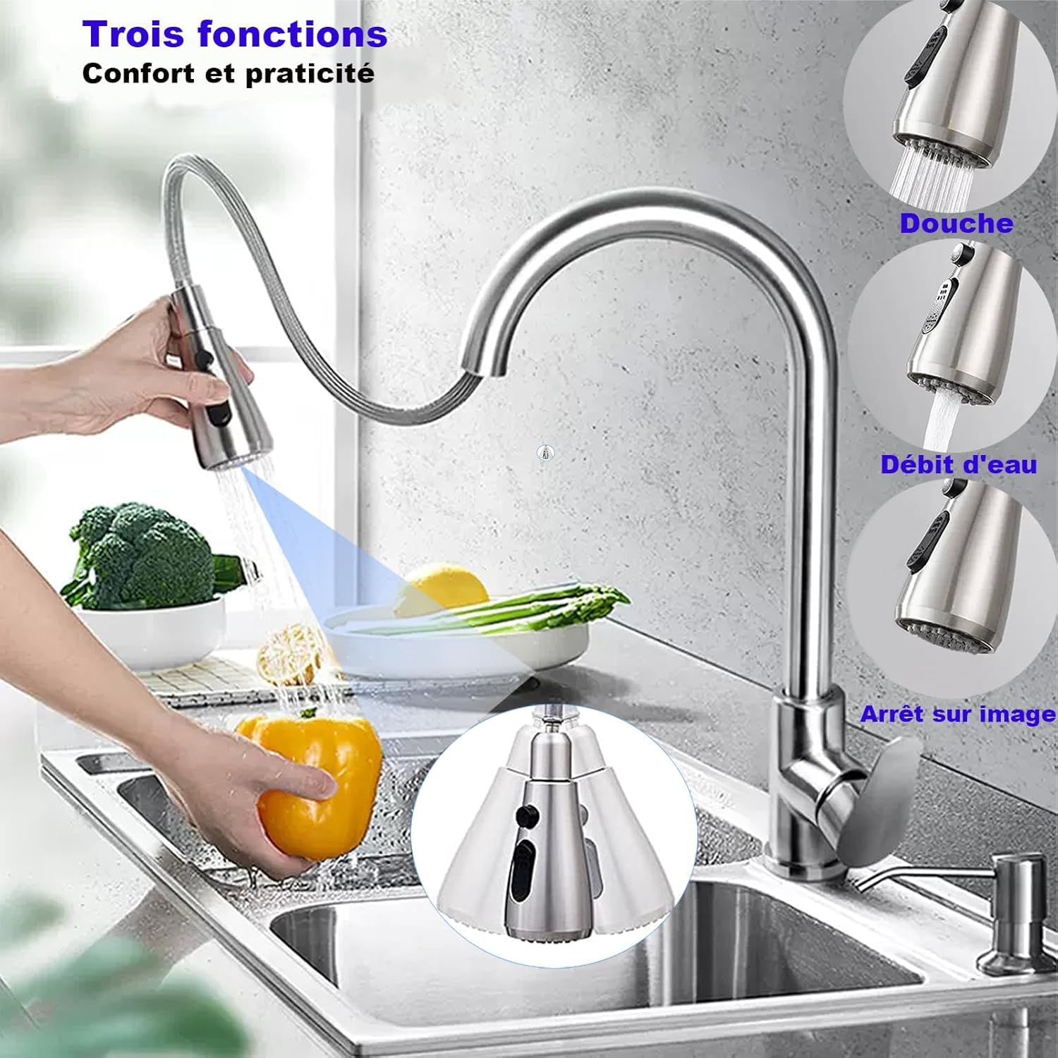 robinet de cuisine amovible, robinet de cuisine pivotant à 360°, mitigeur de cuisine en acier inoxydable à 3 modes, robinet haute pression pour évier de cuisine (chrome - grande tête)