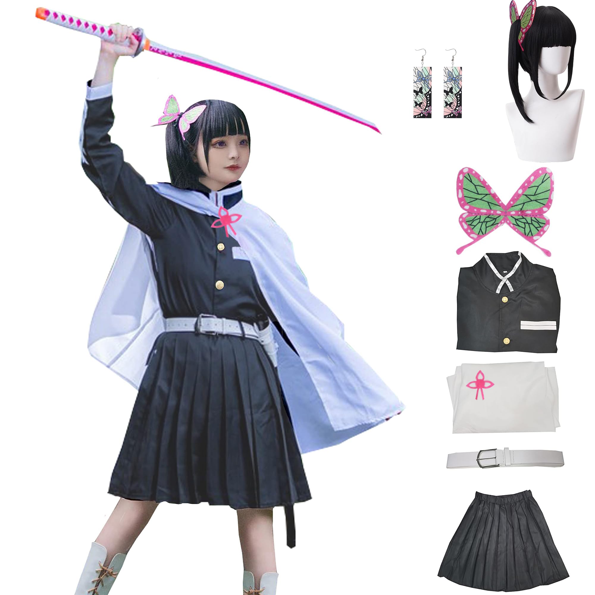 IOPBOT Adult Women Kanao Cosplay Costume Anime Kimonos Cloak Robe Uniform Skirt Halloween Outfit with Accessories (BlackSet,XL)