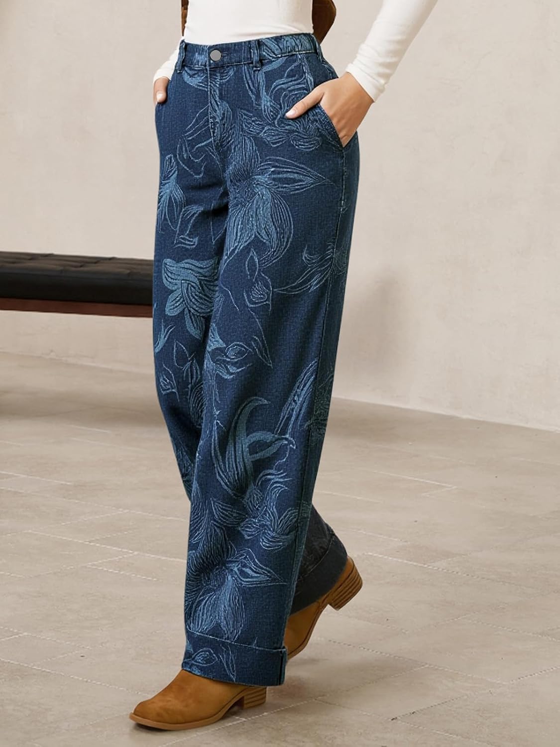 Cicy Bell Women's Floral Baggy Wide Leg Jeans Casual High Waisted Boyfriend Vintage Boho Denim Pants with Pockets - Image 4