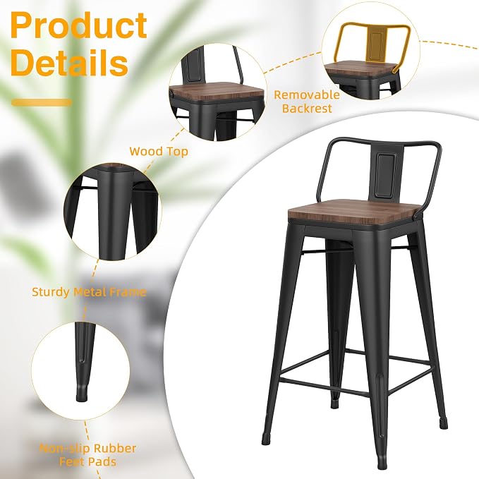 Butaco metálico negro con asiento de madera 30 pulg set 4 miniatura 5